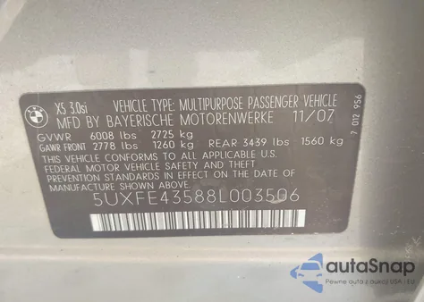 2008 BMW X5 3.0Si из США, поврежденный, VIN 5UXFE43588L003506